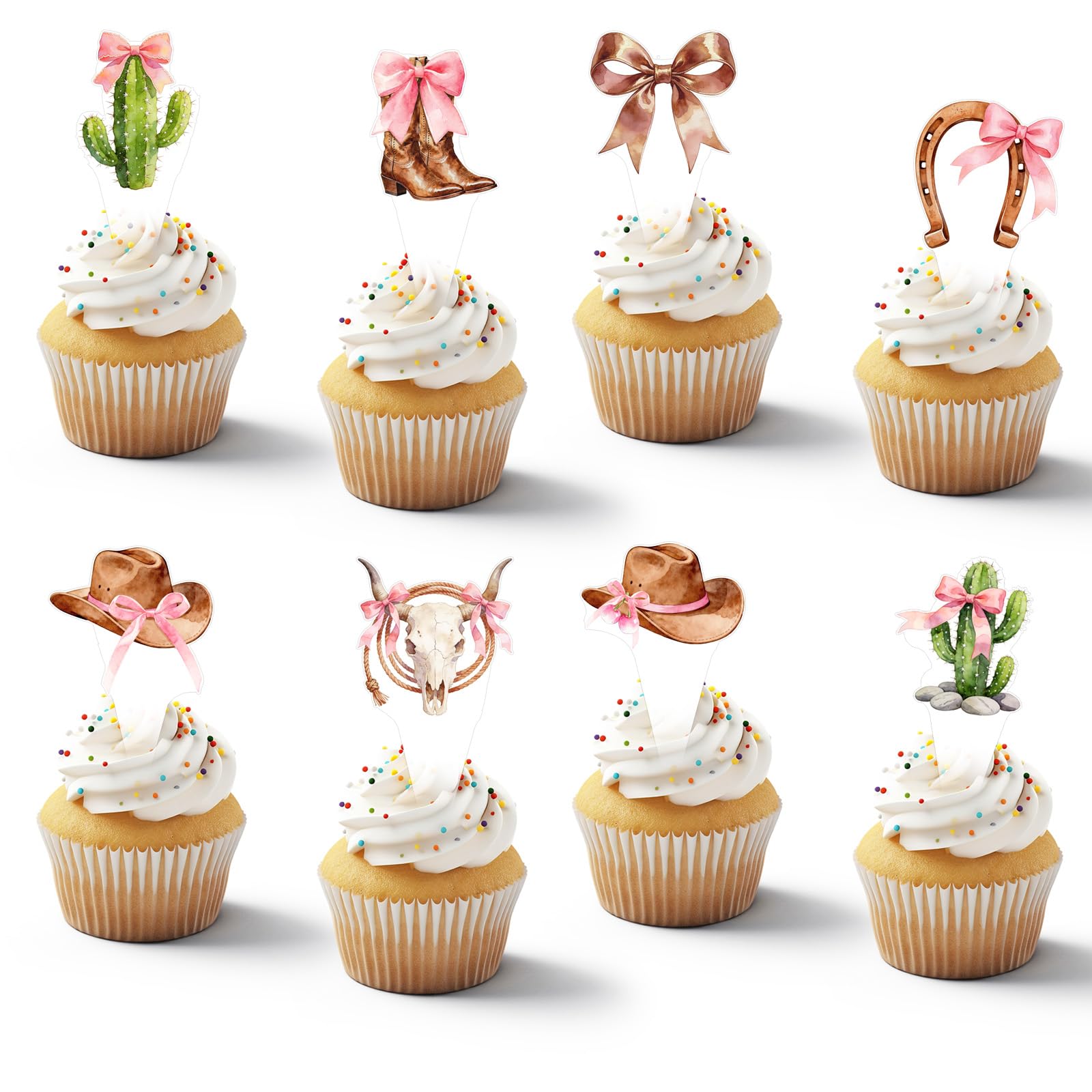 48Pcs Women's Cowboy Boots and Hats with Pink Bow Cupcake Decorations, Pink Western Toppers Decor Supplies, Cowgirl Cupcake Toppers Decorations Supplies