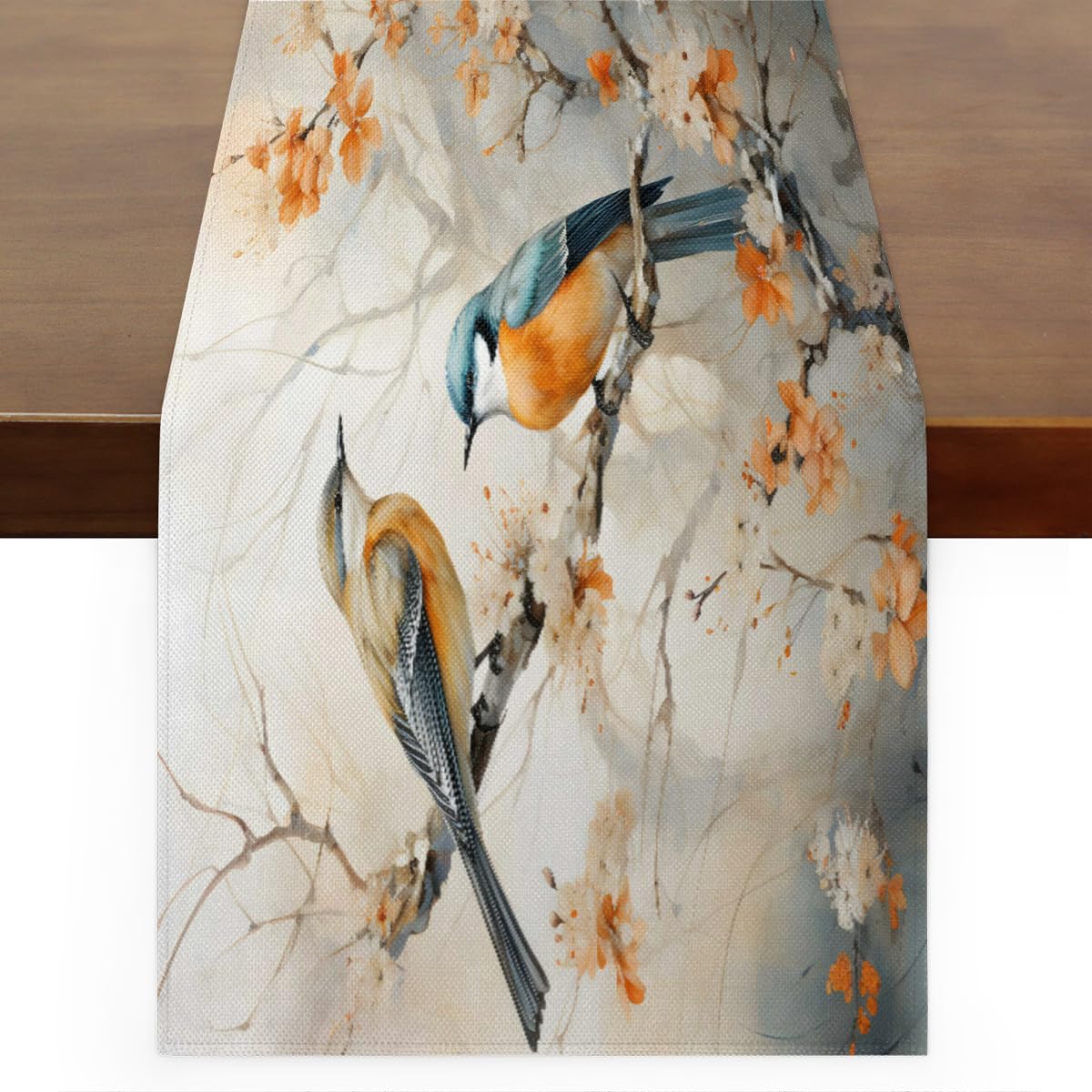 Chemin de table aquarelle oiseaux pour une décoration de table de salle à manger chaleureuse