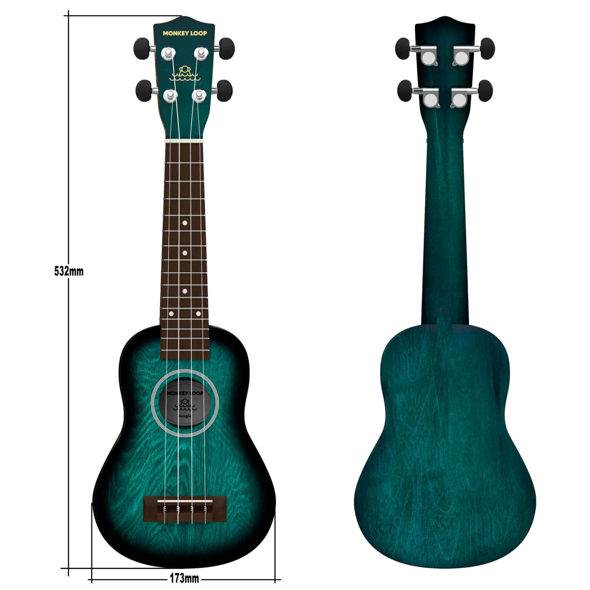 MONKEY LOOP Jungle Pack Blue Ukelele Soprano (Ukelele, Funda, Afinador, Púa y Gamuza Limpiadora)