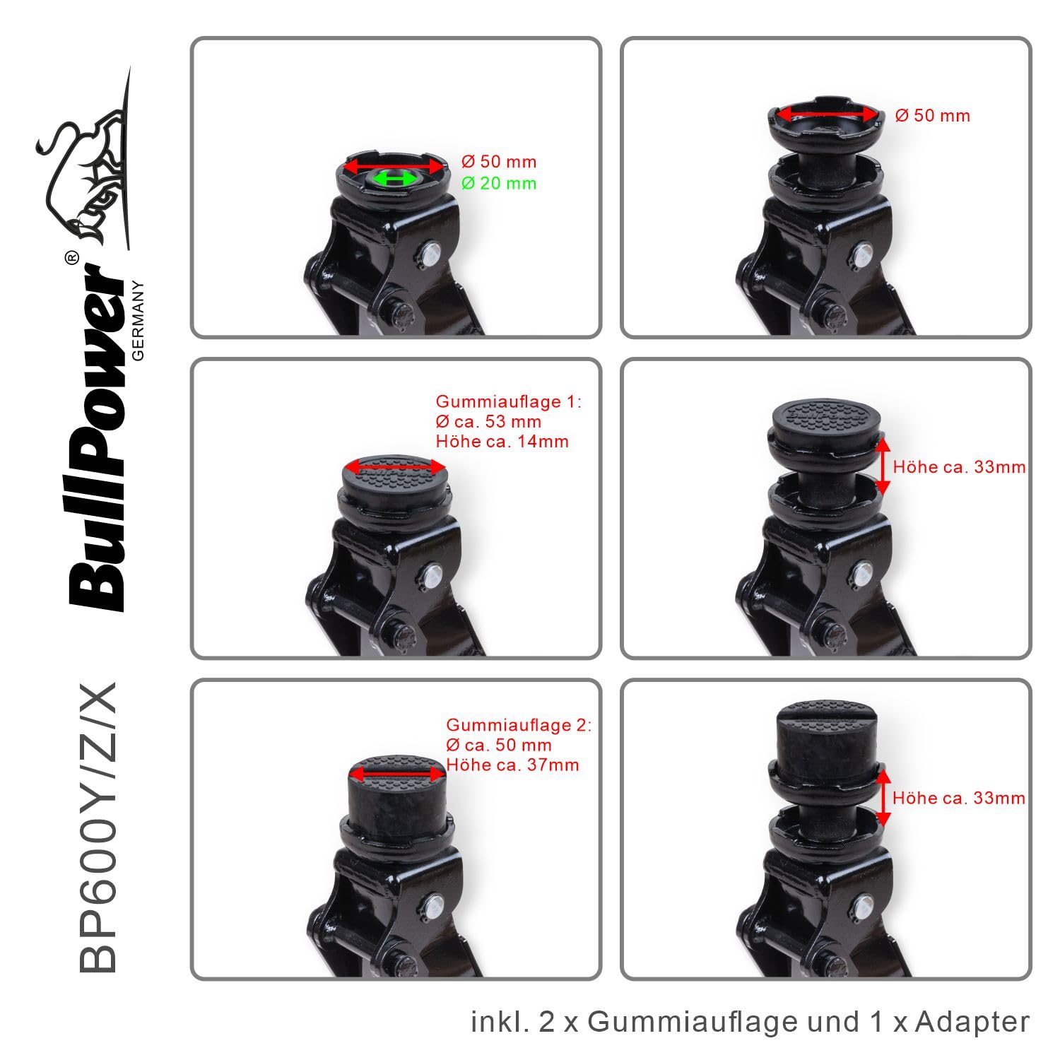 BullPower BP600X Rangierwagenheber - Low Profile Wagenheber, 80-360mm, 2250kg, Racing Wagenheber, Sportwagen, Rennsport mit 35mm-Aufsatz und 2X Gummiauflage