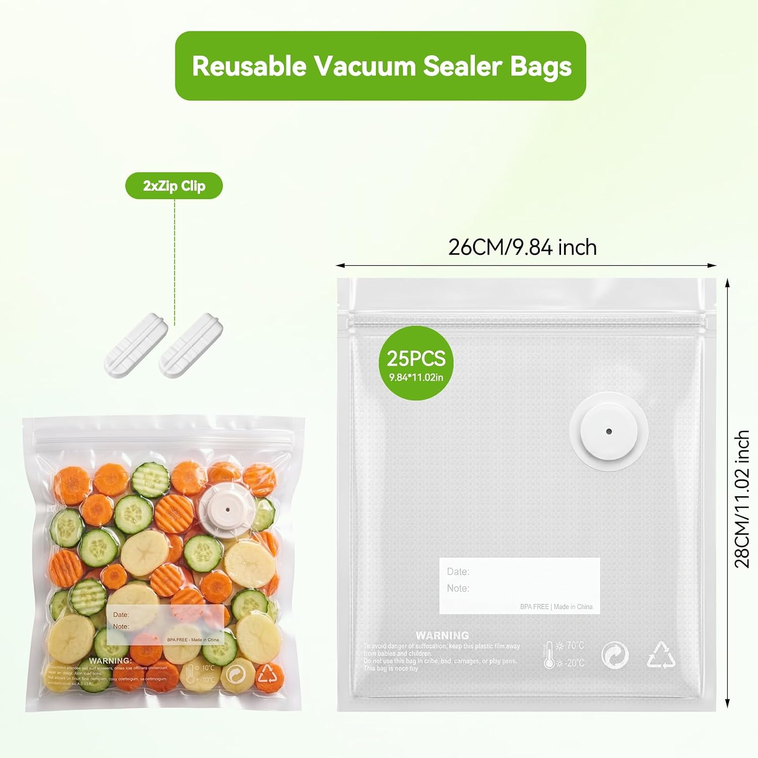 Reusable Vacuum Sealer Bags for Food with Air Valve 25 Pack Small 26x28 CM