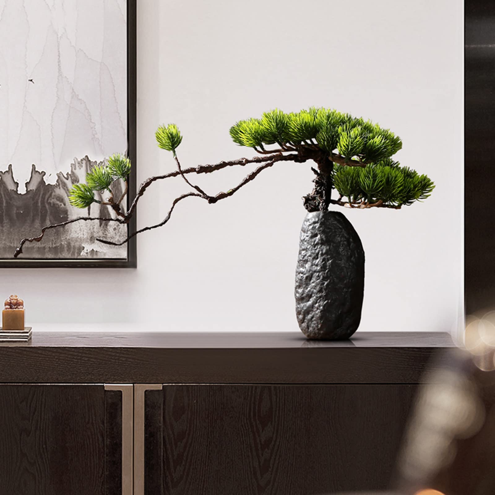 Árbol bonsái artificial Bonsái artificial, árbol de arce rojo, plantas de imitación con jarrón de piedra, árbol de imitación, decoración de escritorio, flores falsas for mesa de hogar, escritorio de o