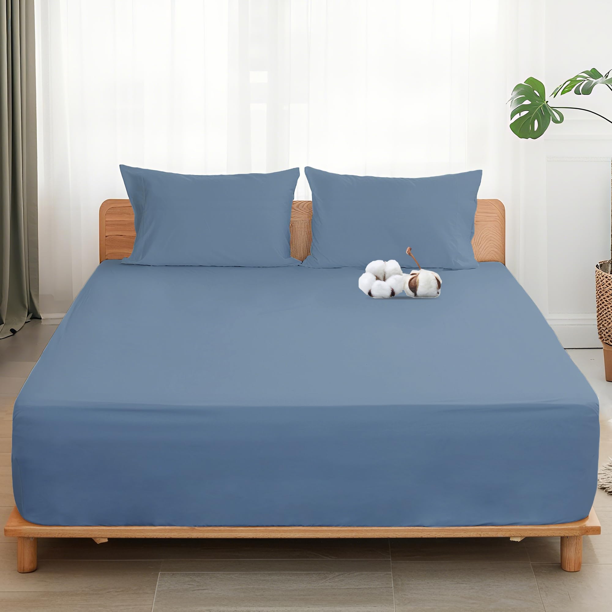 Sylvanora Egyptian Cotton Fitted Sheet,4 Corner Straps,MoonlightBlue,Single