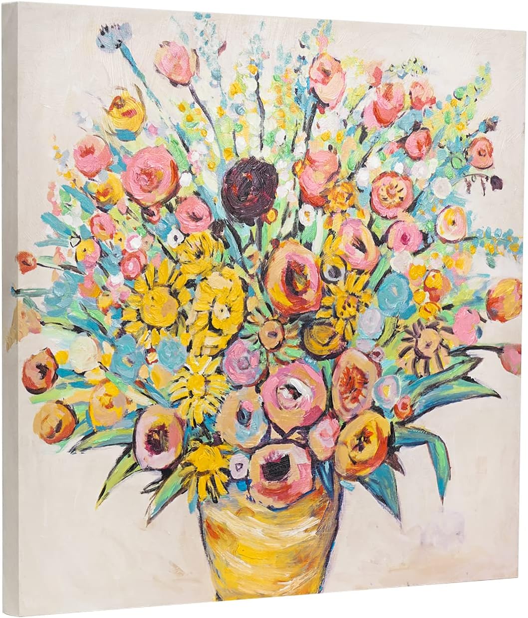 ArtbyHannah 24x24 Inch Flower Oil Paintings Wall Art for Bedroom, with Hand-Painted Textured and Abstract Colorful Floral Artwork on Canvas