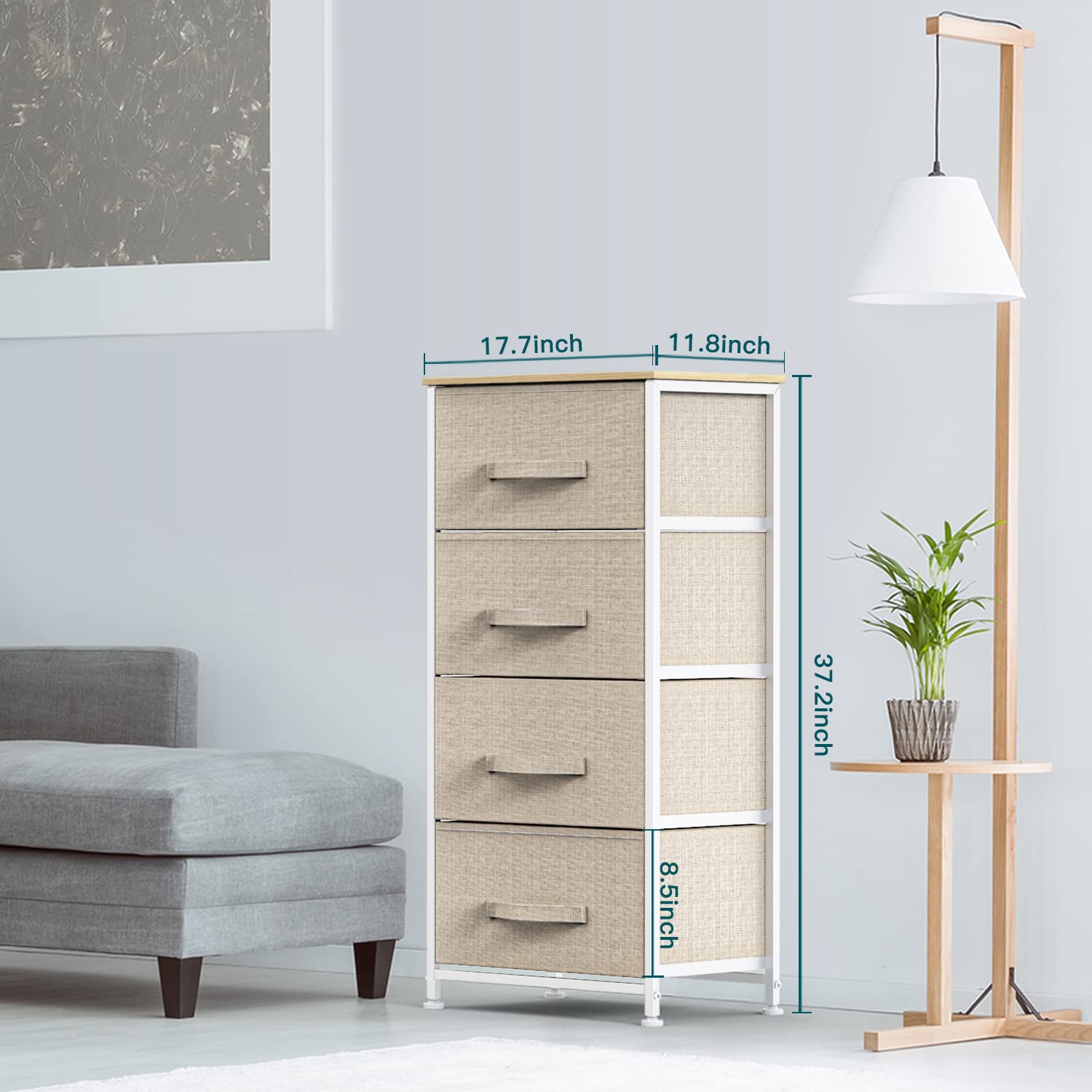 Pipishell Commode Verticale à 4 tiroirs en Tissu avec Dessus en Bois et Grand Espace de Rangement, Facile à Installer, Commode Verticale à 4 tiroirs, Chambre à Coucher, Salon, Chambre d'enfant,