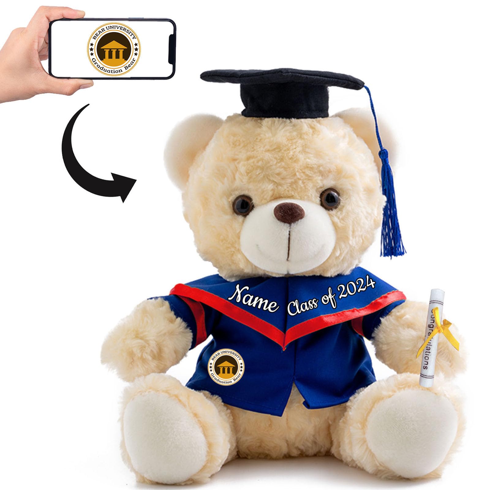 Personalised Gifts Teddy Bear with Photo+ Text, Graduation Bear Class of 2024 Personalised Teddy Bear for Graduation Day 2024 Graduation Gifts for Her/ Him 2024 High School/ College (10-IN-Text+Photo) — image 1