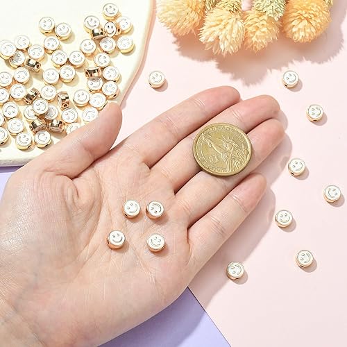 Miniatura 4 de LiQunSweet 100 cuentas sueltas de cara sonriente de esmalte blanco de 0.315 pulgadas (0.315 in) para hacer pulseras y joyas