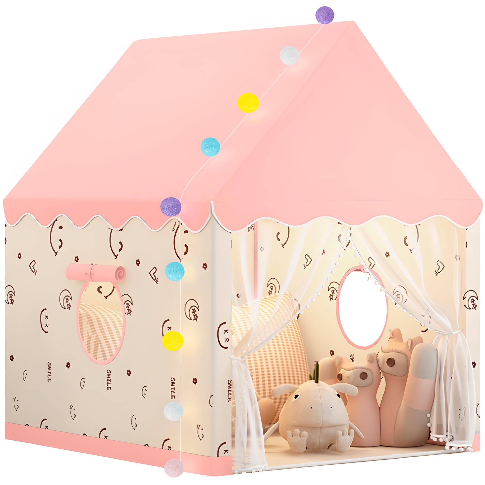 Kids Play Tent with Multi-Coloured Ball Lights & Storage Bag(Smiley Pink)