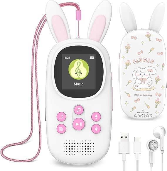 ChenFec Lecteur MP3 Enfant Design Lapin 32 Go avec Haut-Parleur et Cordon Tour de Cou