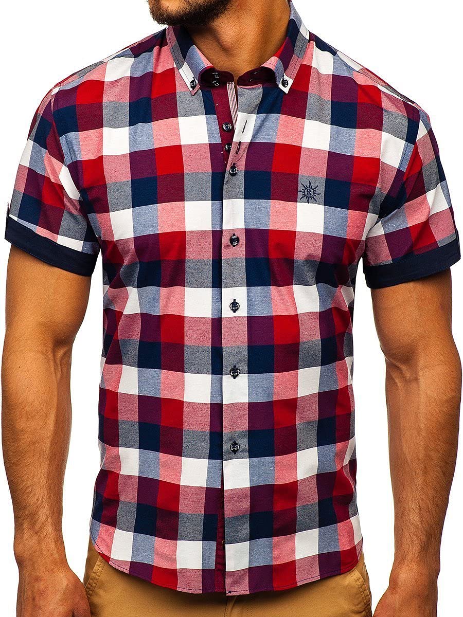 BOLF Hombre Camisa a Cuadros De Manga Corta Abotonada de Algodón Elegante Corte Ajustado Negocios Traje Verano Fiesta Ocio Slim Fit Logo Estilo Casual 2B2
