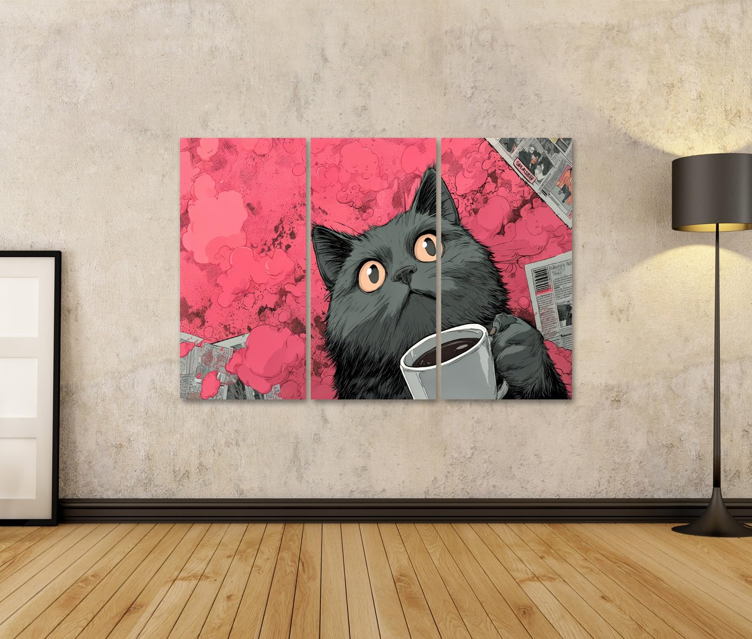 islandburner Impression sur toile style bande dessinée d'un chat avec café et effets colorés - 3 pièces