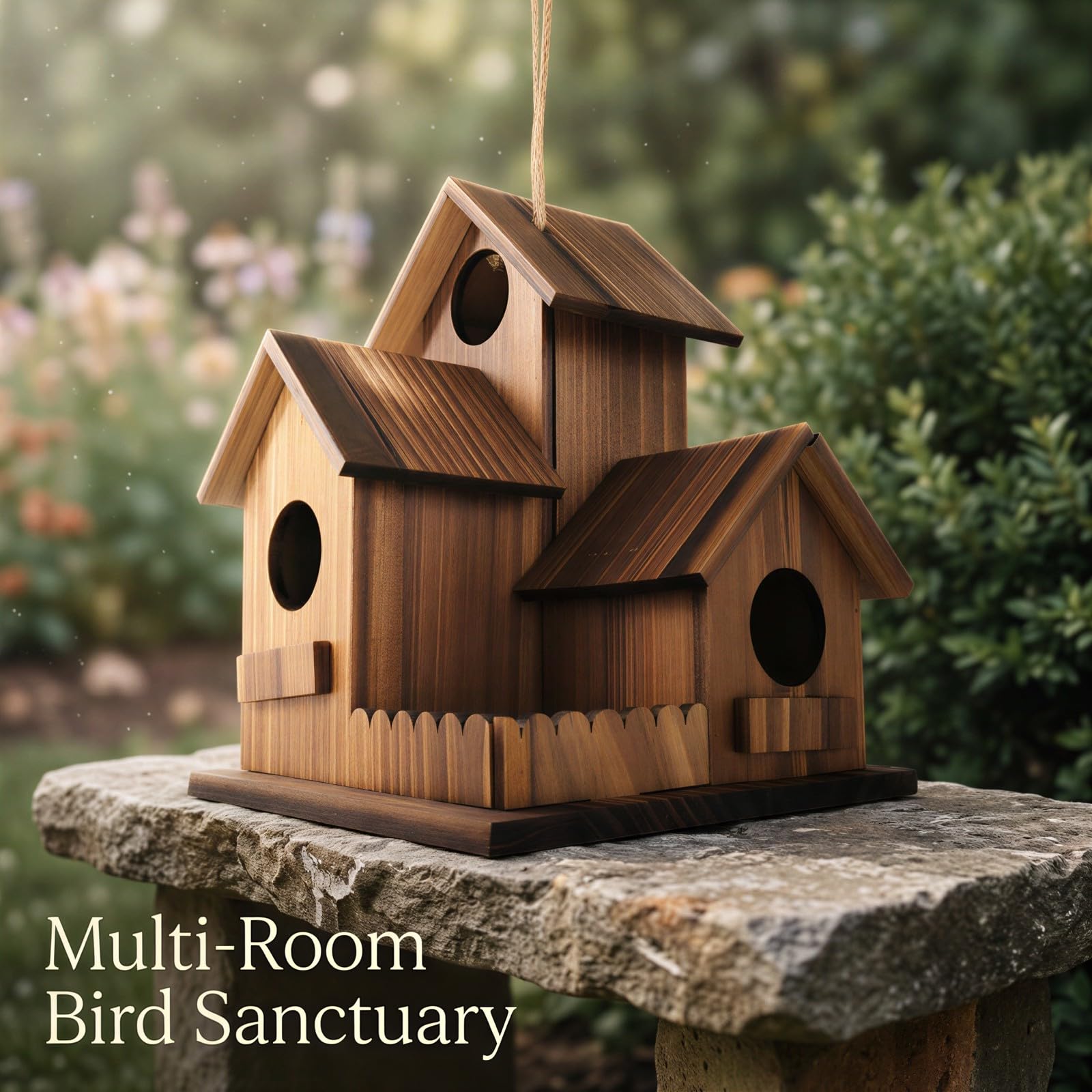 Vogelhaus für draußen, 3-Loch Holzvogelhaus mit 3 Räumen, Villa-Design zum Hängen, mit schrägem Dach und Umzäunungsplattform, für Garten, Hinterhof und Terrasse, Massivholz