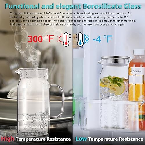 Miniatura 5 de Bivvclaz Jarra de vidrio pequeña de 1.2 litros y 40 onzas con tapa y asa, jarra de vidrio para agua caliente/fría, jarra de té helado para café