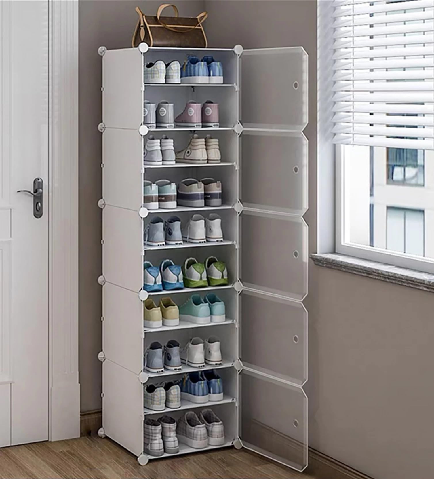 Shoe Rack Plastic,Portable with Dustproof Door, Multi-Purpose Plastic for Home Foldable Portable Shelves Chappal, Slipper, Heels, Boots,Stand (White, 10-Shelf-5-Door)-image-32