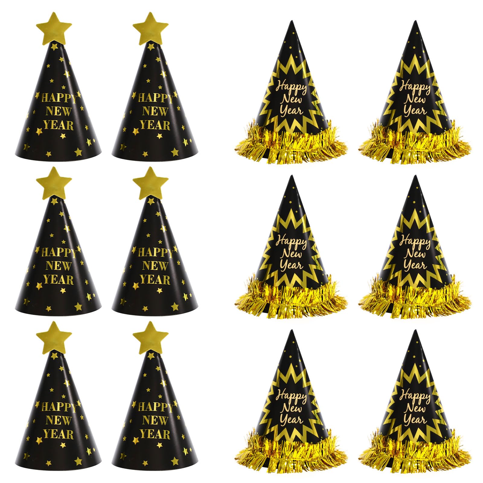 BBXWANG 12PCS Black and Gold Happy New Year Party Hats, Eve Party Supplies and Decorations (Tassel + Star Style)