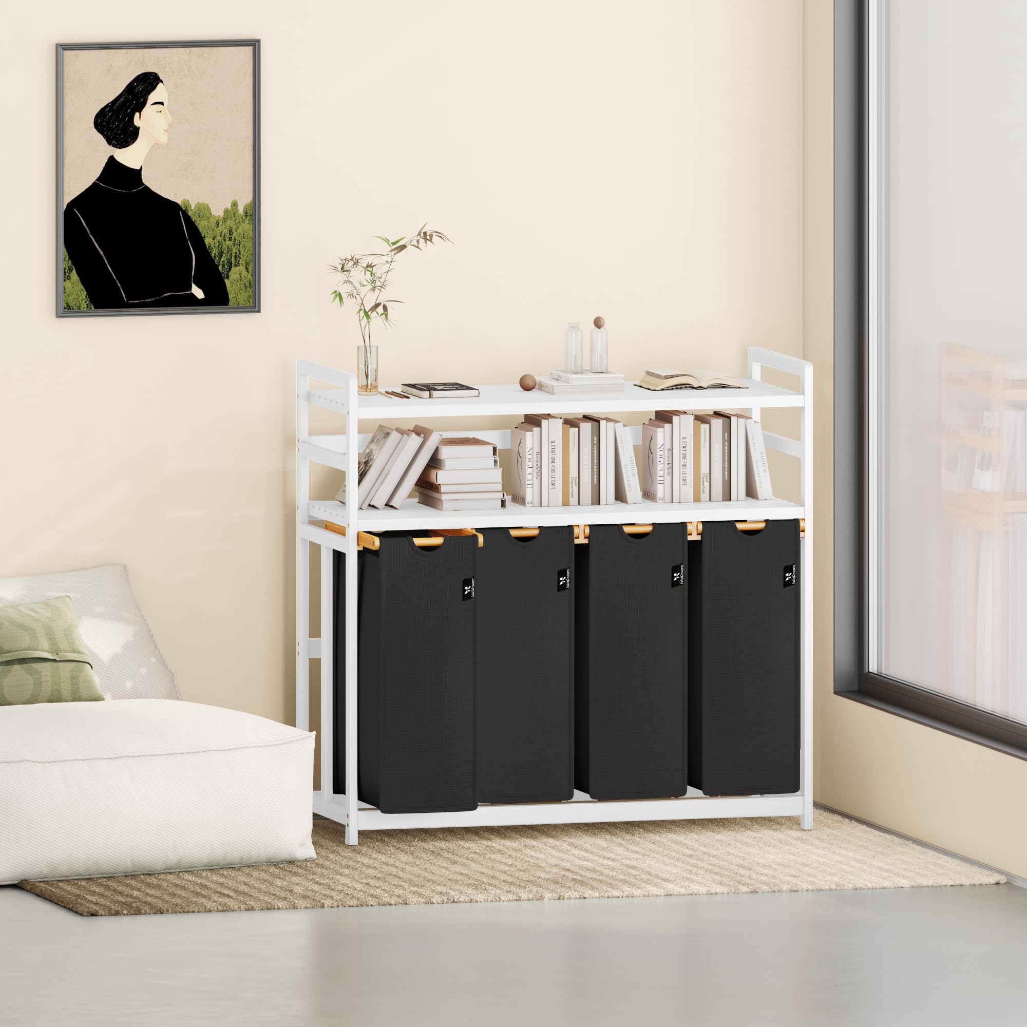 AdelDream - Cesto para la colada (200 L, 4 compartimentos, 2 estantes, bambú) | Clasificador de ropa sucia de 4 x 50 L, extensible, extraíble, doble estante, color blanco y negro