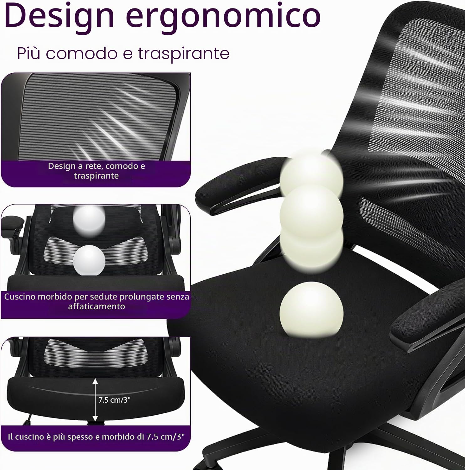 Sedia da Ufficio Ergonomica, Sedia Smart Working con Supporto Lombare Regolabile 4D, Sedia Ufficio in Rete Traspirante con Braccioli Regolabili, Schienale Reclinabile 125°, Ruote Silenziose (Nero)