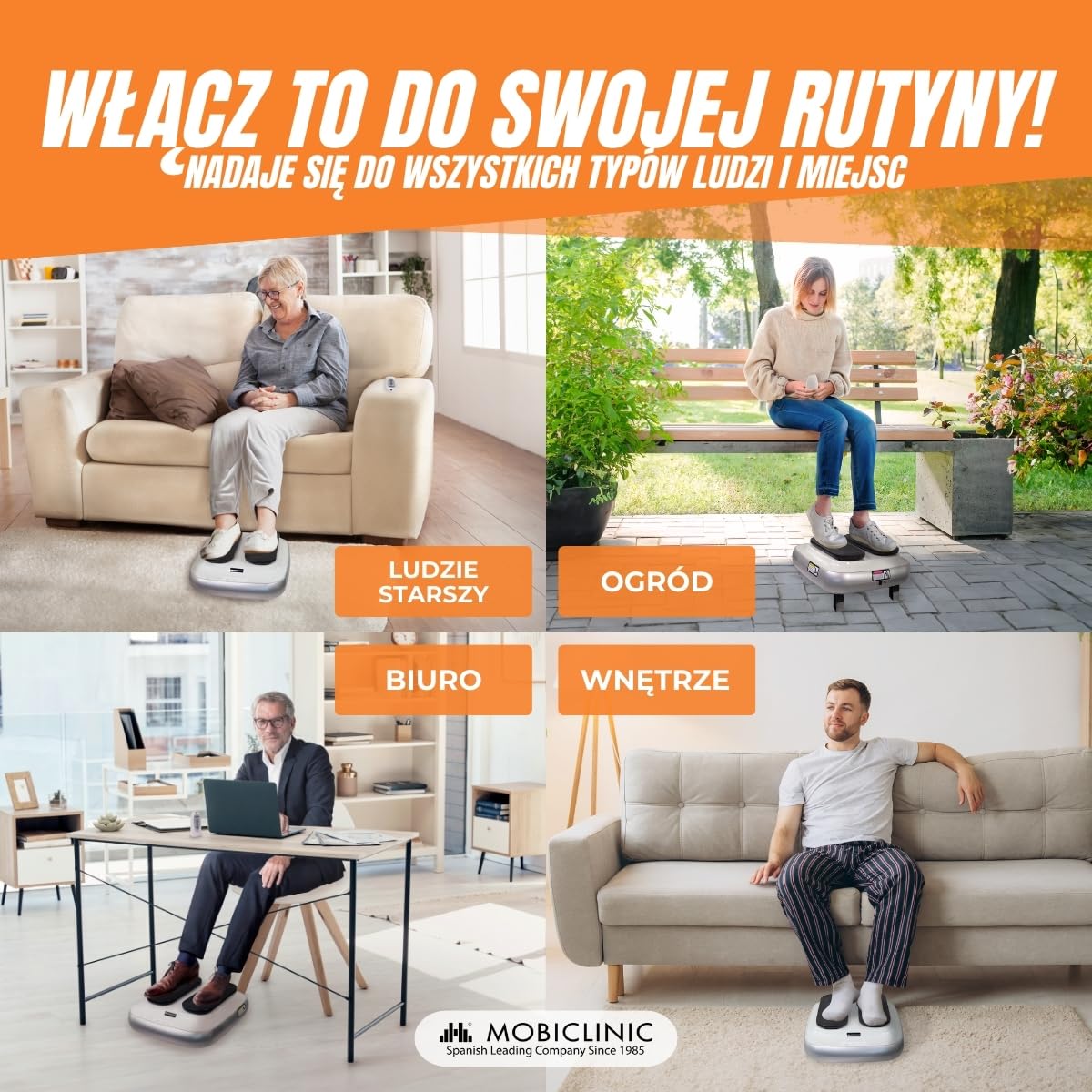 Mobiclinic, Trener nóg, Elektryczne, Legfit, Marka europejska, Gimnastyka pasywna, Ćwiczenie na siedząco, Dla seniorów, Nastolatków, Z pilotem, Regulowana prędkość