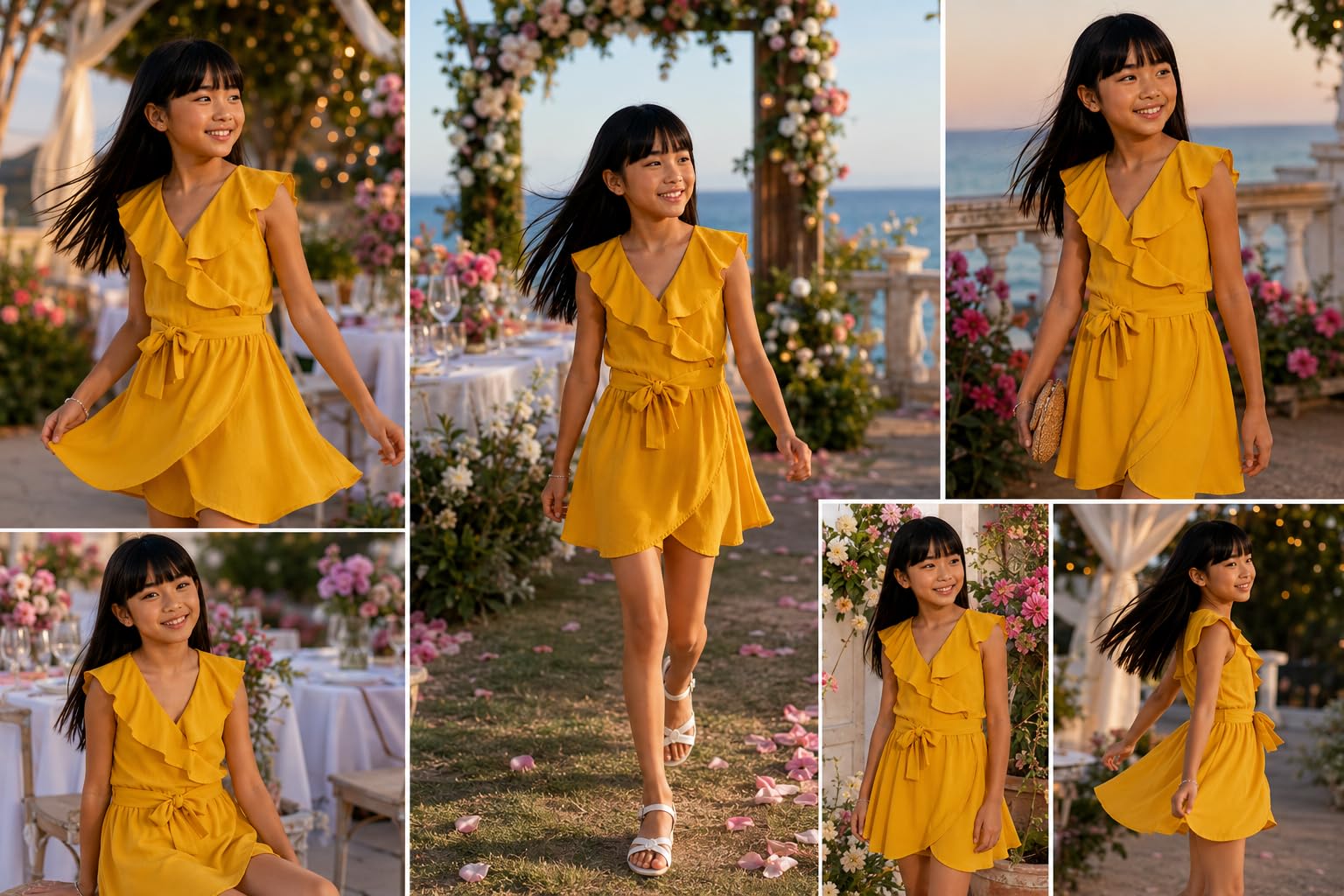 Jumpsuit Schleife mit Rüschen, Sommerkleid für Mädchen, elegantes und frisches gelbes Kleid für Zeremonien, Partys, Urlaub und besondere Anlässe, Modell 6816