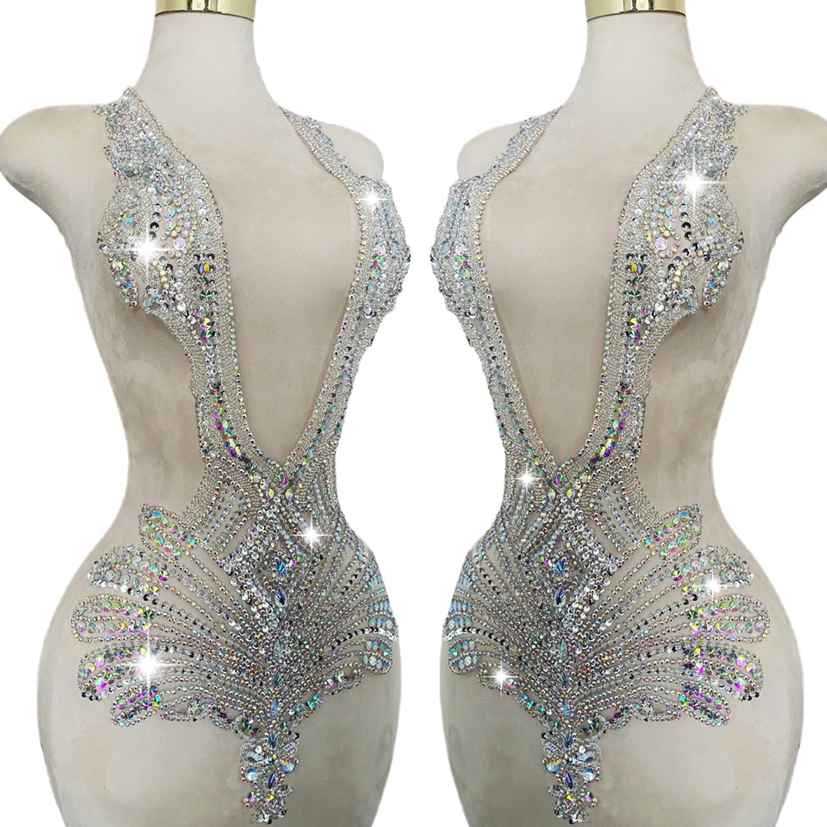 Bodice Rhinestones Appliques Patch for Dress,Hand-Made Beaded Appliques for Cloth or Bridal V Neck Large Pattern and can be Cut for Designs (Silver)
