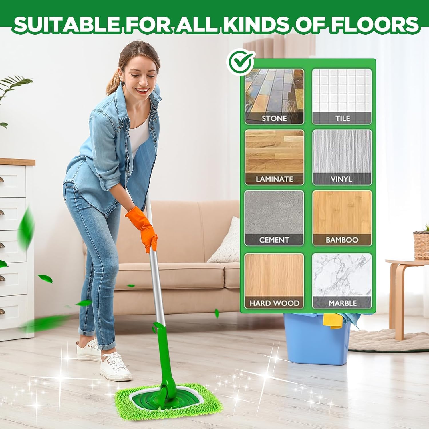 TIDEVAN 4 Pièces Chiffons Réutilisables Pour Sweeper Mop Verte Tampon à Vadrouille Réutilisable Housse De Rechange Pour Utilisation Humide Et Sèche Mop Pads Pour Adaptées à Tous Types De Sols