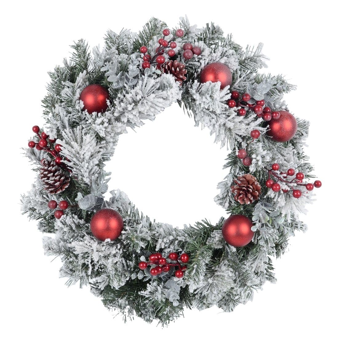 Mr Crimbo Red Christmas Wreath Artificial Snow Cove Silver Pine Baubles Berries 60Cm