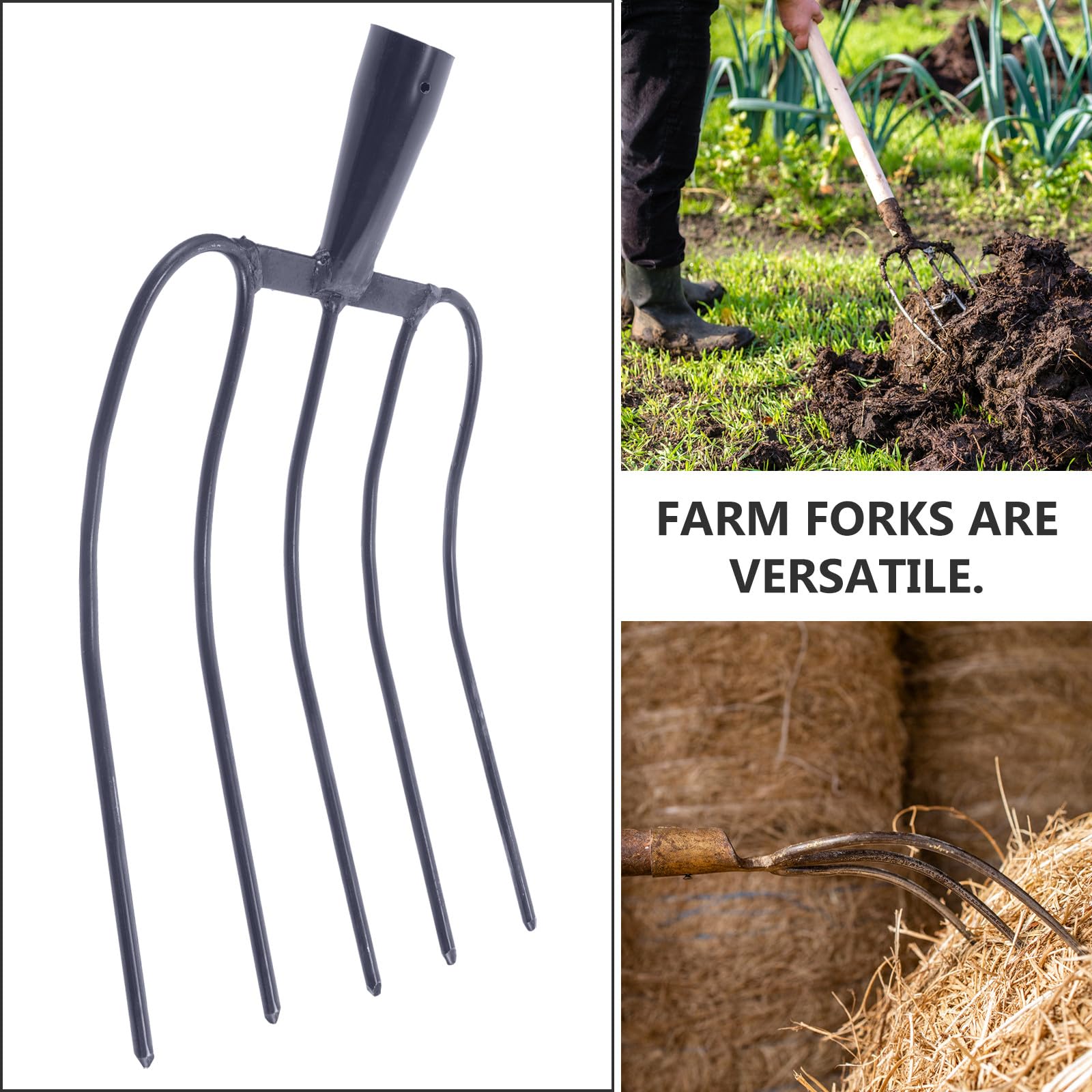 Beavorty Horquilla Agrícola de Metal Sólida de 5 Púas, Horca Práctica y Portátil para Estiércol y Césped Doméstico, Herramienta Versátil para Limpieza en Jardines y Zonas Campestres