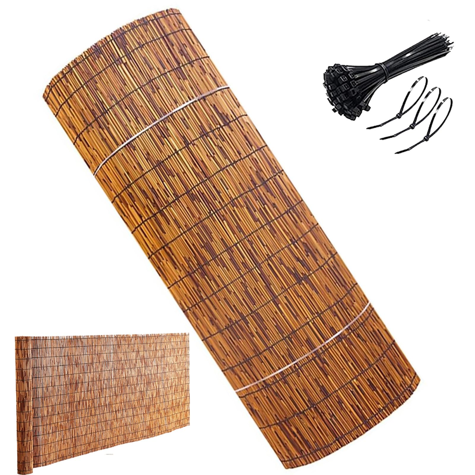 Rotolo di recinzione in bambù naturale, tessuto a mano, decorativo, per balconi e terrazze, impermeabile, con fascette, 79 x 610 cm