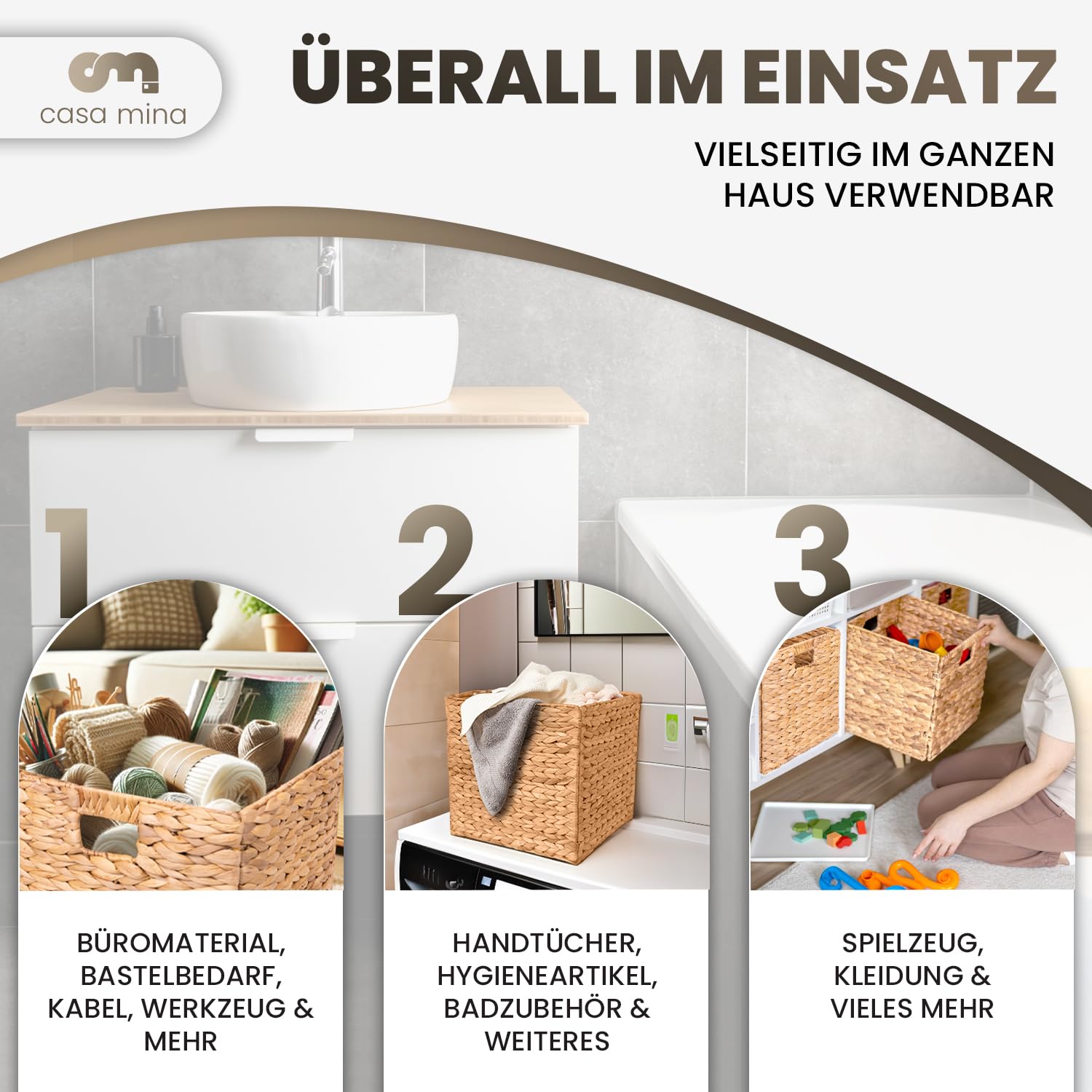Casa Mina® Aufbewahrungskorb geflochten ideal für alle Regale I Nachhaltiger Seegras Korb geflochten aus Naturmaterial I Flechtkorb mit Griffen I Pflegeleichter, modern geflochtener Korb 31x31x31cm
