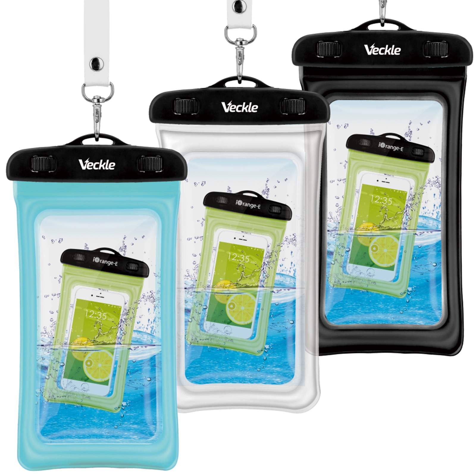 Waterproof Phone Pouch, Veckle 3 Pack Clear Universal Water Proof Cell Phone Pouch Floating Dry Bag Waterproof Case Beach Bag for Smartphones Black White Blue