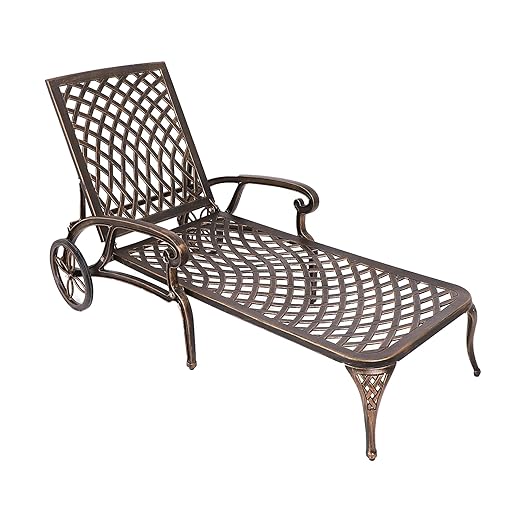 Grepatio Lounge Chairs for Outdoor, Patio Lounge Chaise Cast Aluminum Chairs with Cushion, Chaise Lounge Chair with Adjustable Backrest and Moveable Wheels for Pool Beach (Bronze)
