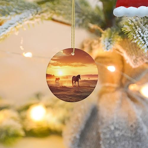 2023 Christmas Tree Hanging Ornament Horses on Pasture at Sundown Round Ceramic Christmas Hanging Christmas Tree Decorations Pendants for Xmas