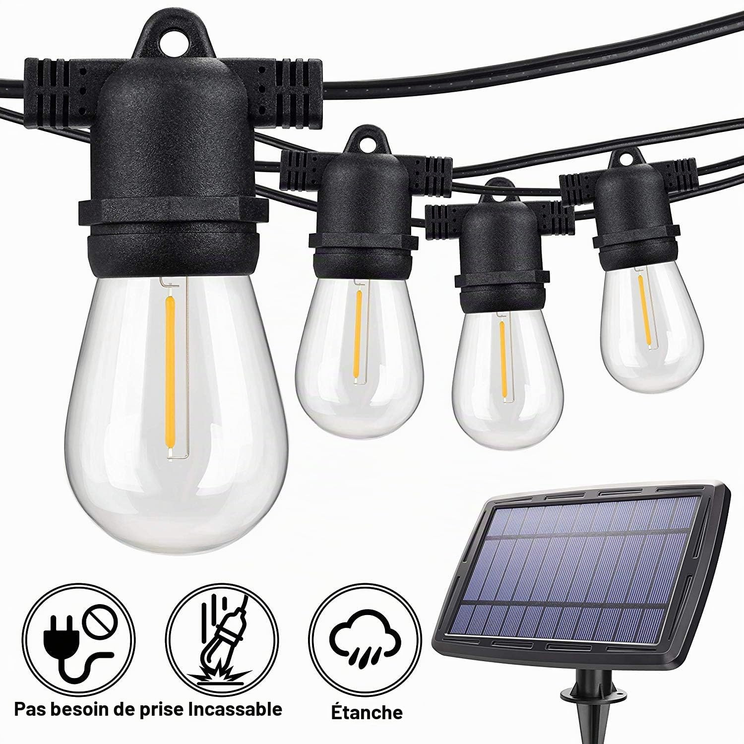Guirlande Solaire Guinguette, 17m, Extérieur, 24 Ampoules S14 Oblongues, Blanc Chaud, IP65, Éclairage Festif, Alimentation Solaire
