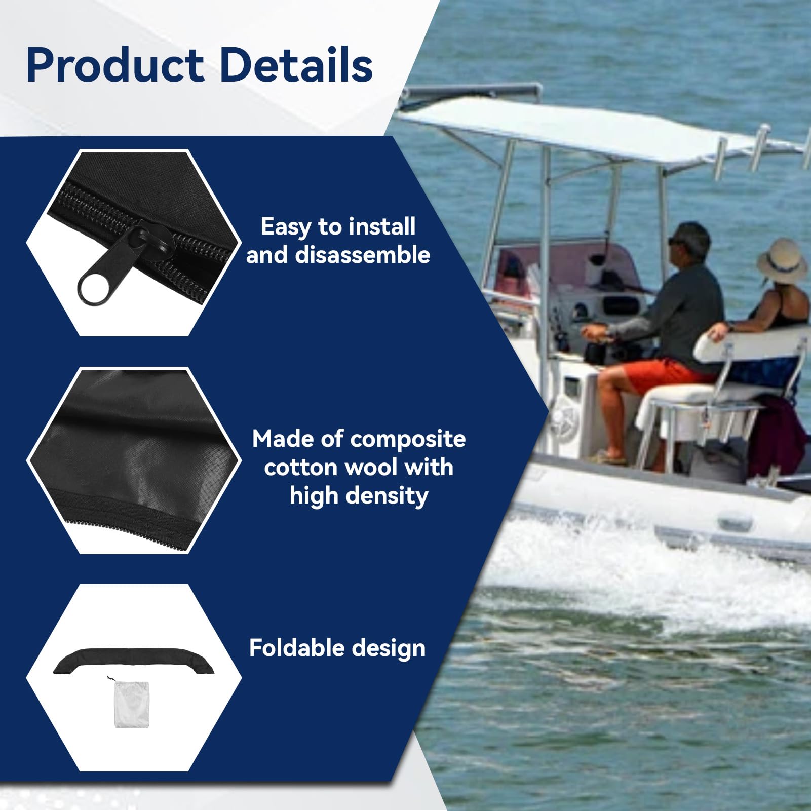 HERCHR Bimini Top Cover, Copertura di Ricambio per Bimini Top Tessuto Oxford Pieghevole Antipioggia Impermeabile Parasole per Barca Attrezzatura Nautica per Pioggia e Ombreggiatura Solare (Nero)