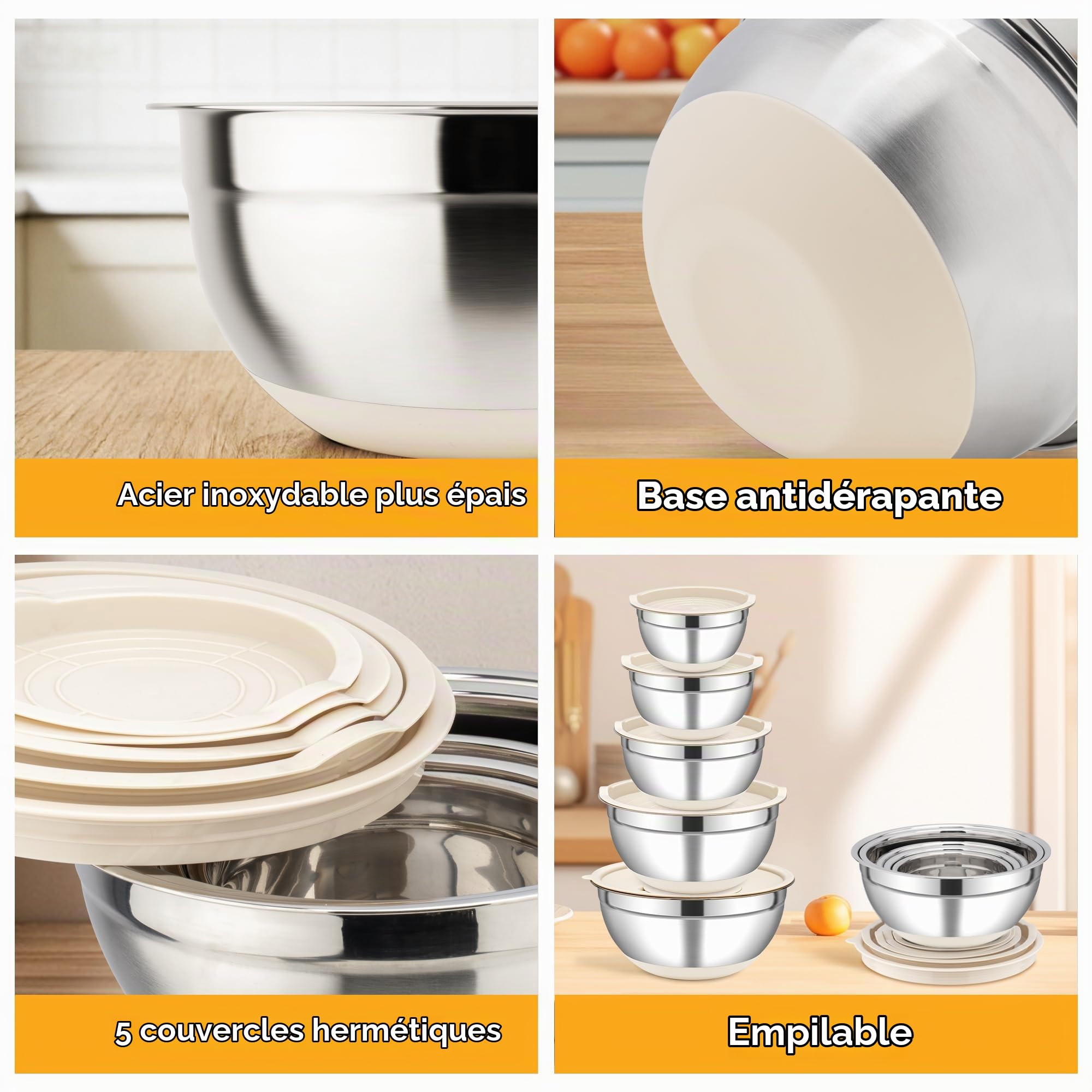 Fire More Lot de 5 Saladier Inox avec Couvercle Hermétique | 4L/2,8L/1,8L/1,5L/1L Cul de Poule Inox Empilables, avec 3 Râpes pour Cuisine, Préparation et Conserver ou Mixer