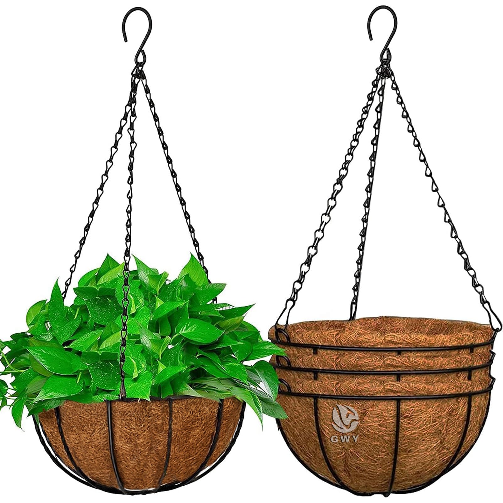 GWY Hanging Planter Baskets, 2 Packs 12 Inch Metal Wire Plant Holder with Coconut Coir Liner and Black Chain for Porch Pot Hanger Garden Decoration
