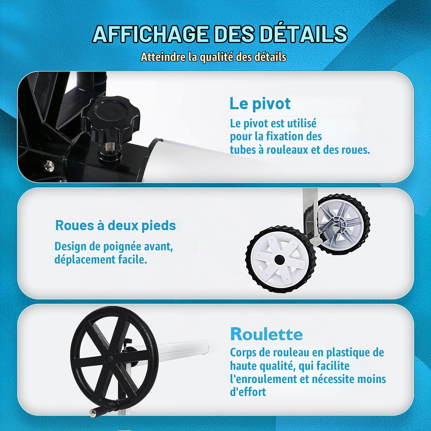 Aufun Enrouleur de piscine de qualité supérieure - Système d'enroulement en aluminium - 3 m - 5,70 m - Avec fixation et rouleaux - Pour bâches solaires et couvertures de piscine - Enrouleur de piscine