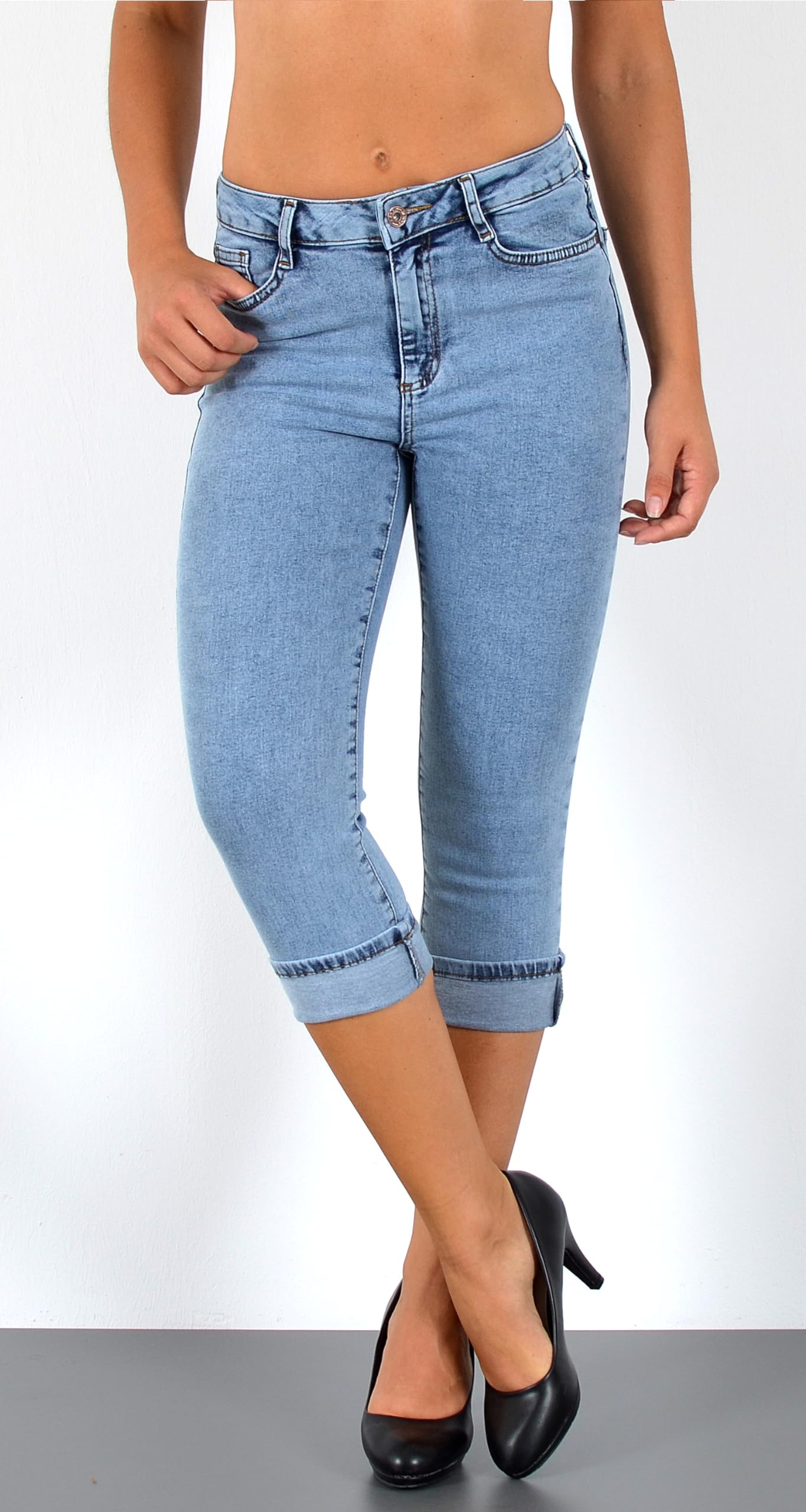 ESRA Damen Capri Jeans Hose Damen Caprihose 3/4 Jeans-Hose kurz bis Übergröße C15