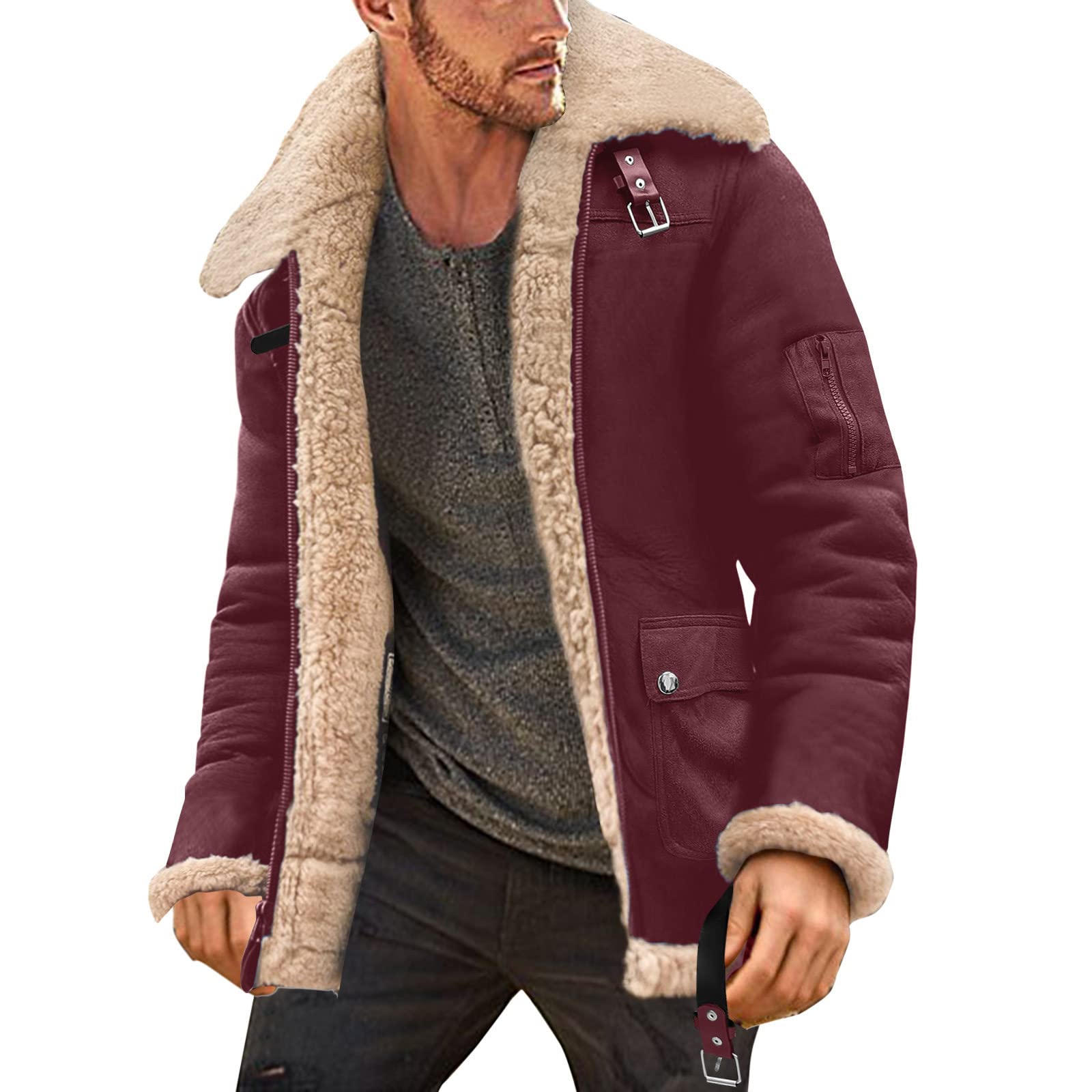Chaqueta de forro polar de ante con cuello de solapa para hombre, chaqueta de forro polar de ante con cremallera completa, gabardina casual de moda, ropa exterior térmica gruesa, versátil y cómoda con
