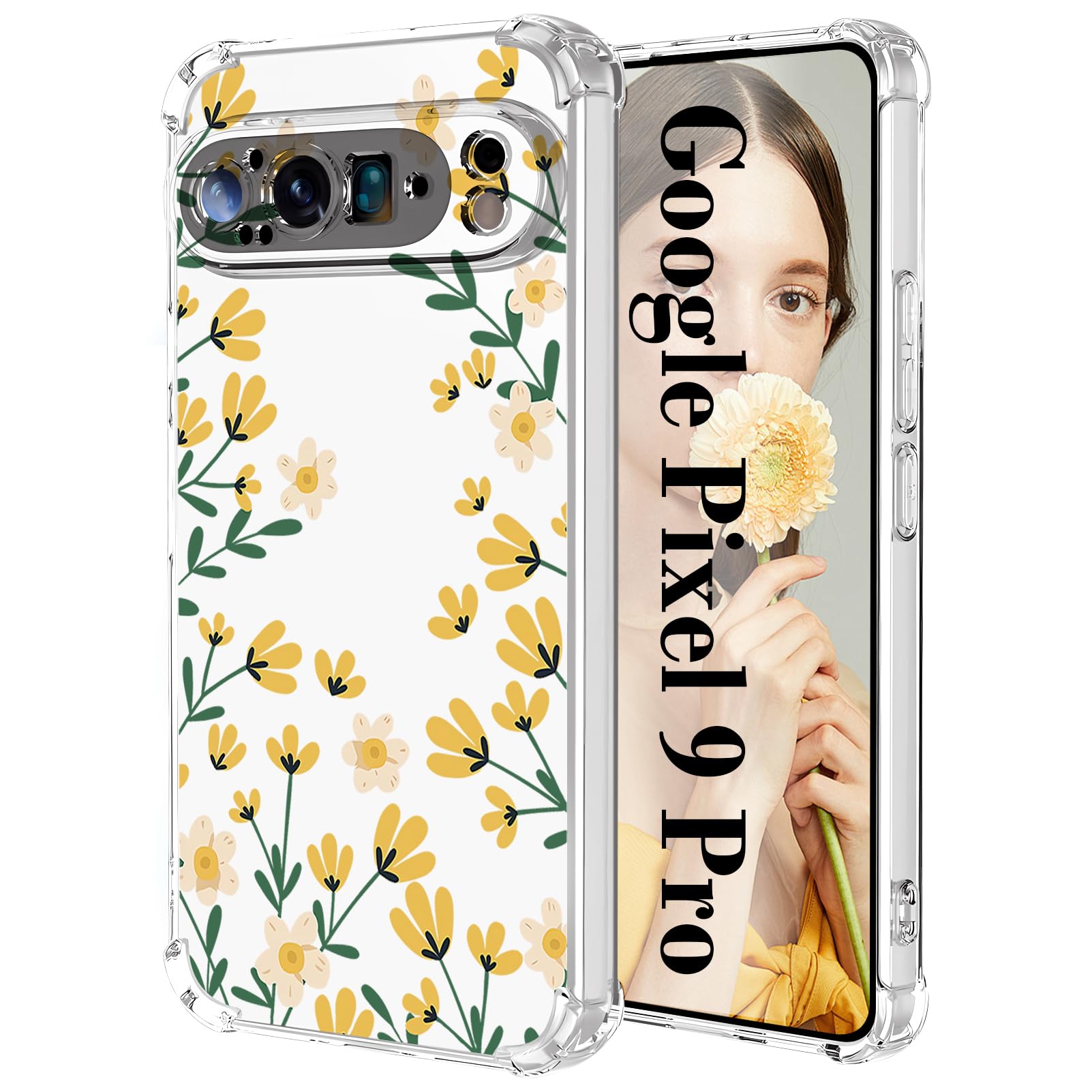 Tcaraersing for Google Pixel 9 Pro Case Clear with Flower Pattern, Upgraded [Full Camera Protection] Shockproof Bumper Corner Transparent Soft TPU
