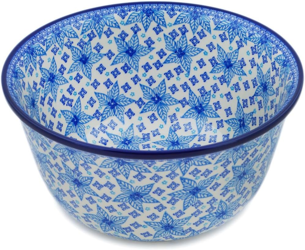Polmedia Polish Pottery Mixing Bowl 12-inch UNIKAT - Blue Poinsettia Pattern Handmade in Boleslawiec Poland by Ceramika Artystyczna + Certificate of Authenticity