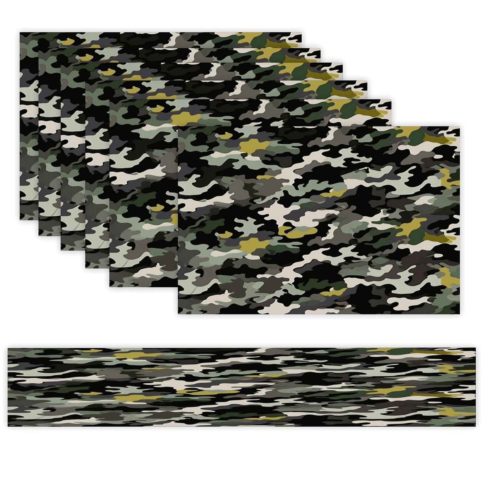Abstract Camouflage Table Runner and Placemats Set of 6 Wipe Clean Heat Resistant Table Mat with Table Runner Decorations Flax Linen Place Mat Set for Home Kitchen Party Supplies