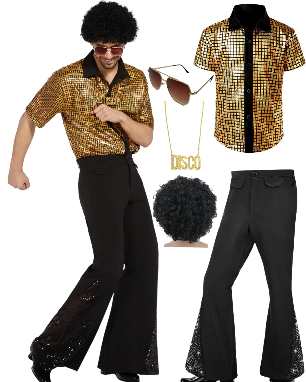 minkasic 70s Fancy Dress Mens 5PCS 70s Shirts for Men with Disco Accessories Wig, Sunglasses, Fake Beard Disco Necklace, Abba Fancy Dress Costume Men Set for 60s 70s Party (Light Yellow, XL) โ image 1