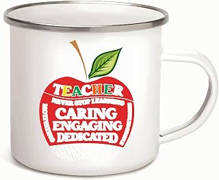 Gift For Teachers Motivation Never Stop Learning Caring Engaging Dedicated Compassionate Celebratory For Teachers Day 12oz Enamel Silver Mug