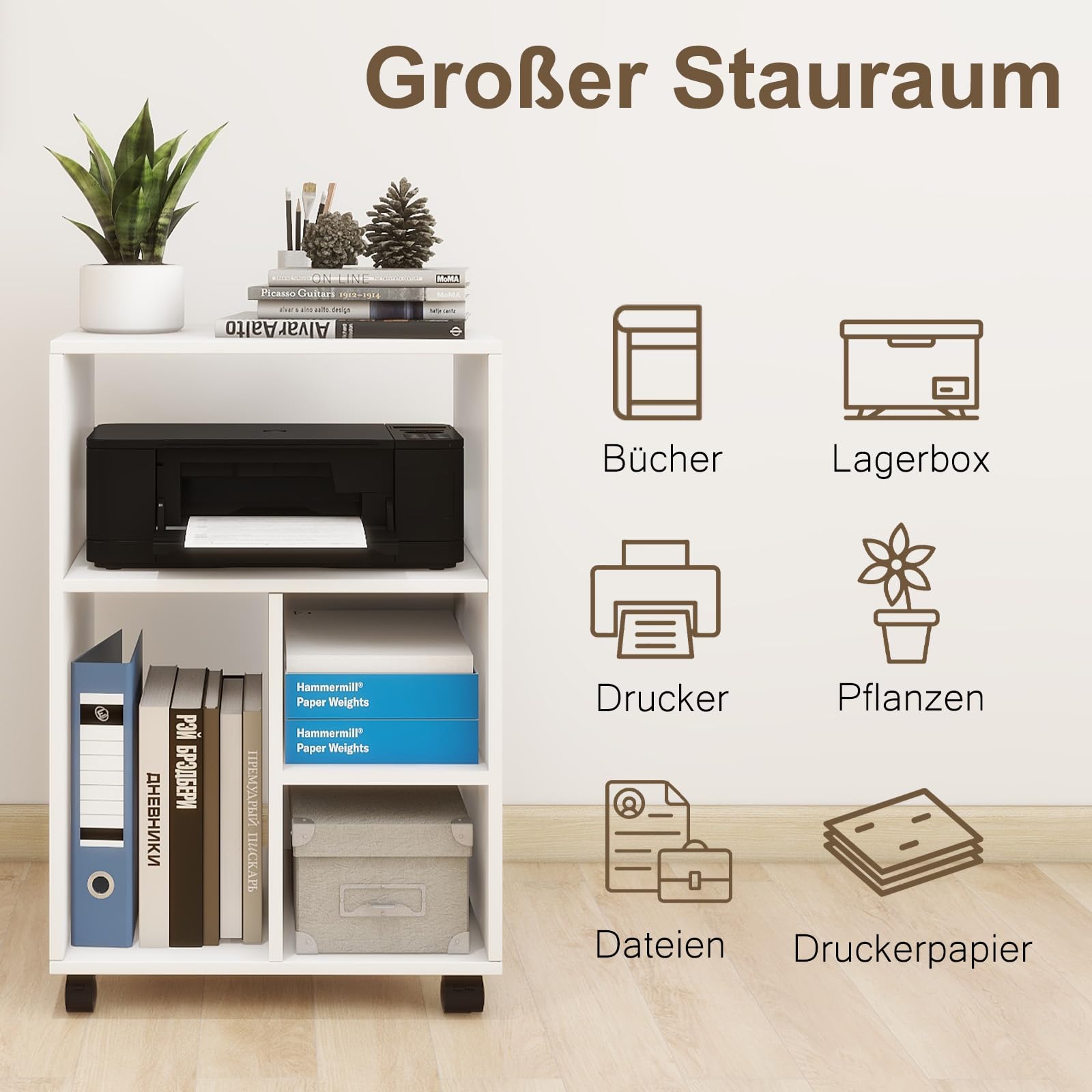 PUNCIA Aktenschrank auf Rollen mit 4 Ablage Druckerständer Rollcontainer | Mobiler Büroschrank aus Holz verstellbar für Akten Dokumente DIN A4 Bürowagen für Büro Office Zuhause Arbeitszimmer Weiß