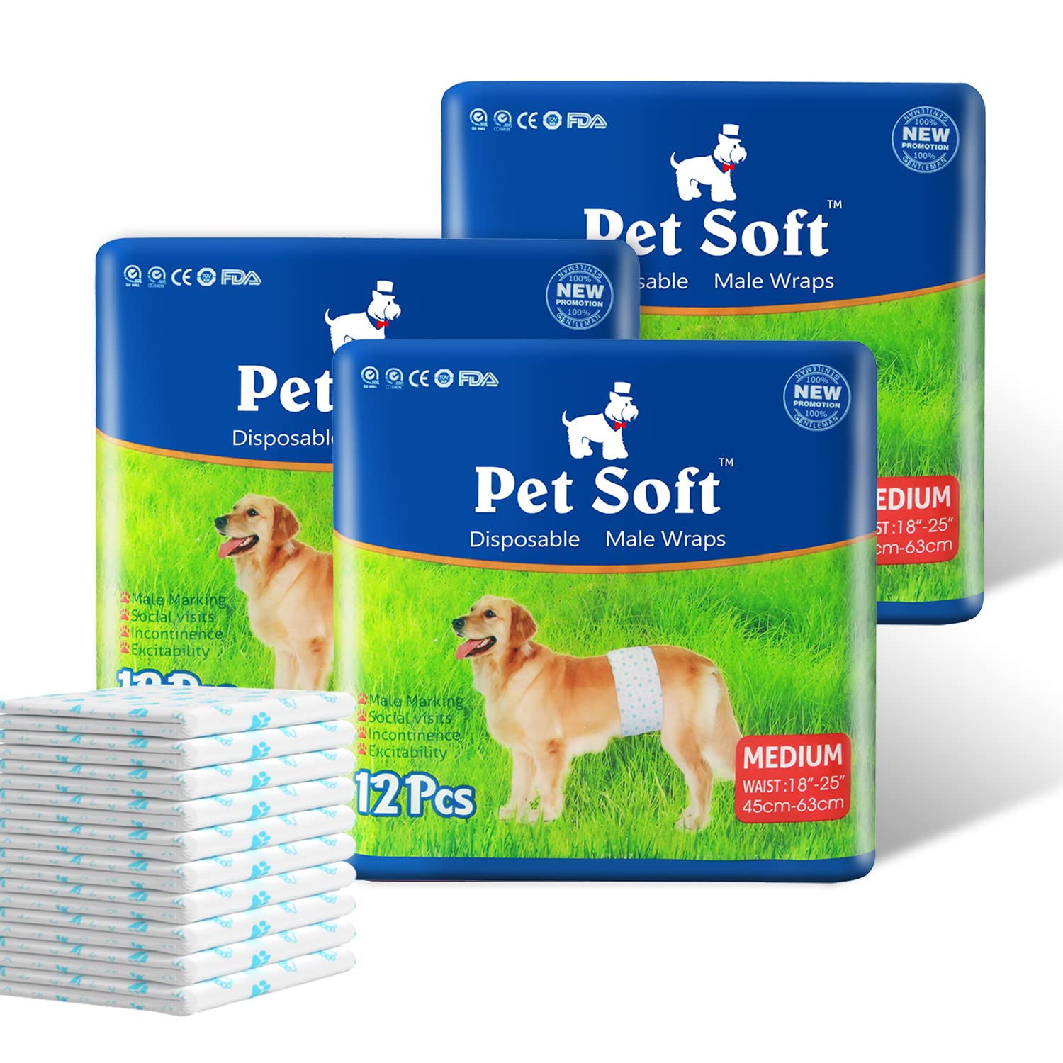 Pet Soft Pañales para perros machos, pañales desechables para mascotas, envolturas para perros machos, tamaño mediano, 36 unidades (M 12 unidades (18 pies a 25 pies)
