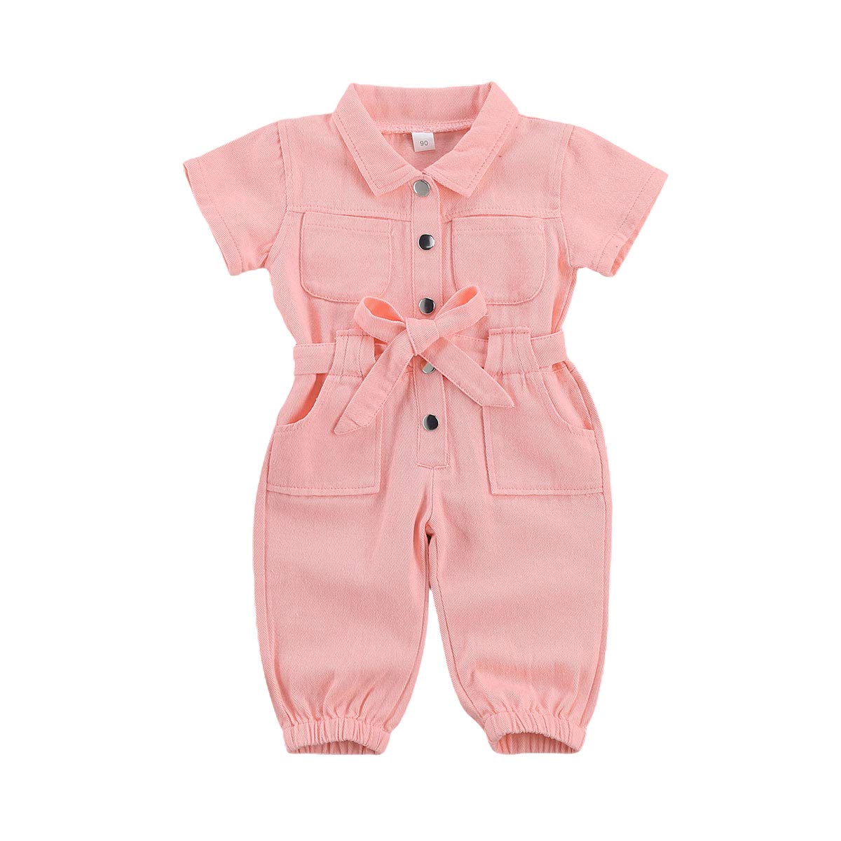 QWEP Toddler Kids Girl Summer Clothes Short Sleeve Turn Down Collar Romper Jumpsuit Denim Bodysuit Playsuit One Piece (Pink,3-4T)