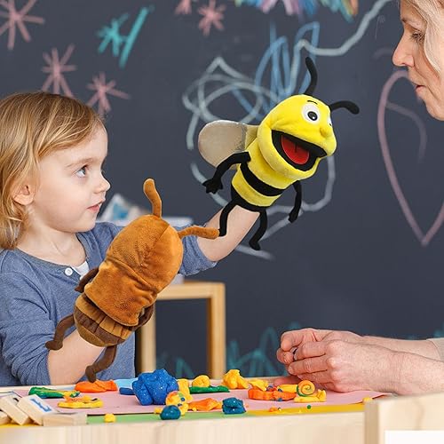 Miniatura 4 de Marioneta de peluche realista de 13 pulgadas, marionetas de animales de insectos para niños, marioneta de mano con boca móvil, marioneta de abeja de