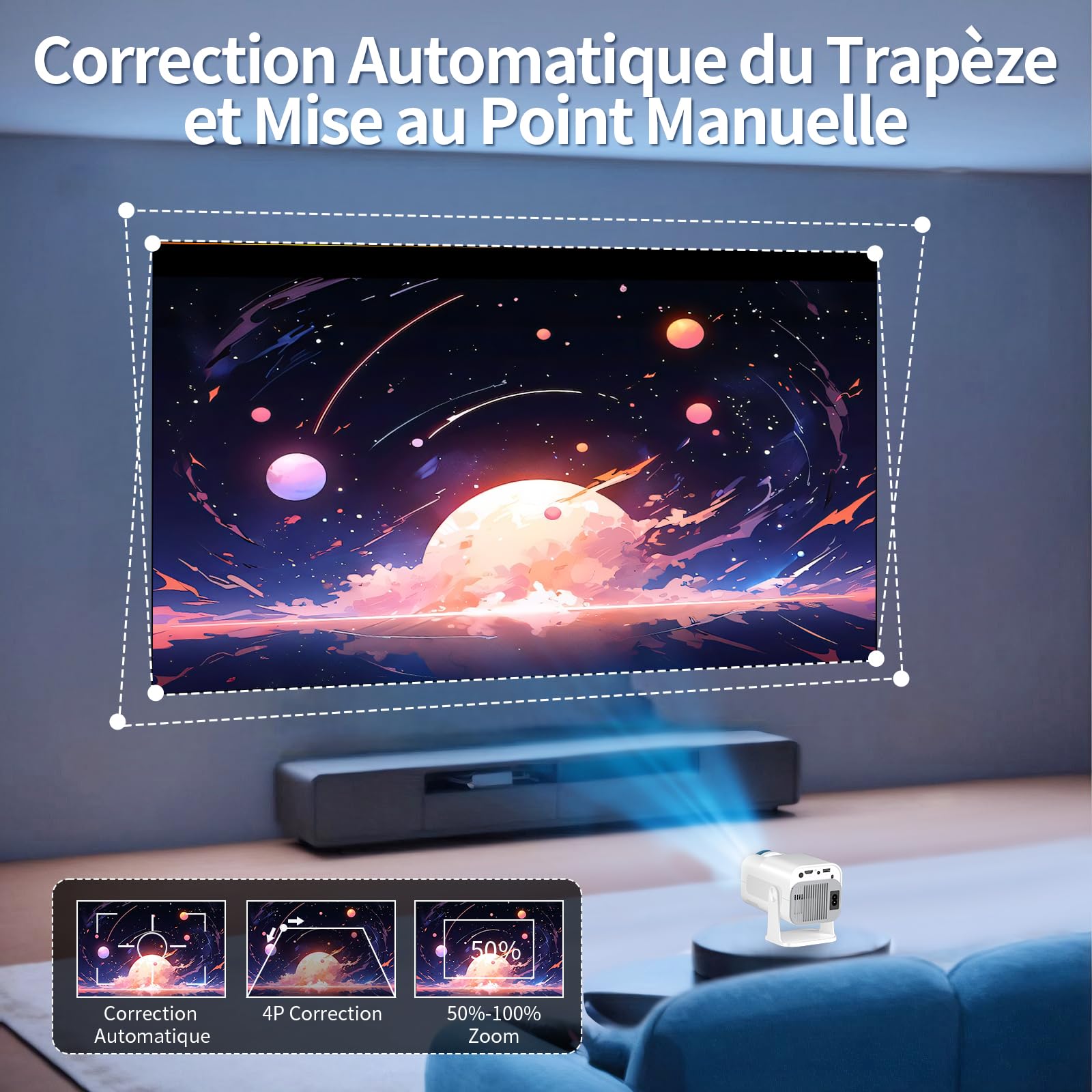 Vidéoprojecteur 4K 1080P Mini Projecteur avec WiFi 6 et Bluetooth 5.2 Projecteur Trapézoïdale Automatique, 270° RotationSupporte HDMI/TVStick/Memory Stick/Laptop, Blanc