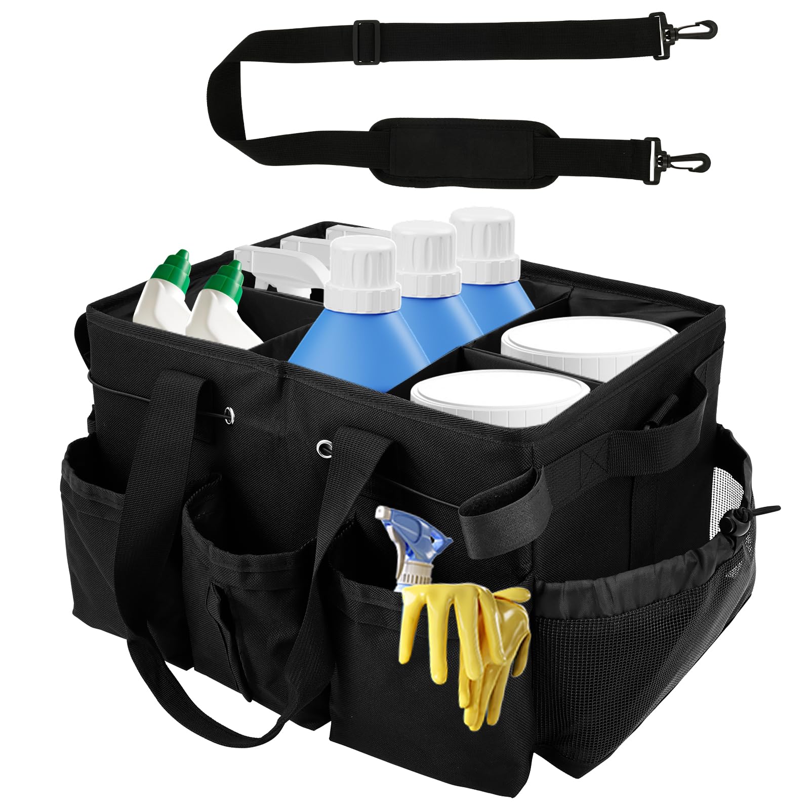 Ktcina Black Large Cleaning Caddy Bag, Cleaner Caddy Organizer With Handle & Adjustable Shoulder Strap & Clips, 15 Pockets Cleaning Tote Bag Supplies Organizer For Housekeepers And Cleaners(Black)